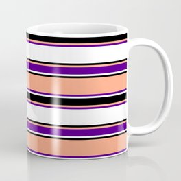 [ Thumbnail: Light Salmon, Indigo, White, and Black Colored Striped Pattern Coffee Mug ]