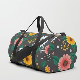 Colorful Spring Flowers Pattern in Dark Grey Background Duffle Bag