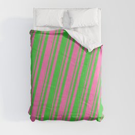 [ Thumbnail: Hot Pink & Lime Green Colored Striped/Lined Pattern Comforter ]