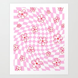 Red Flower on Pink Checker Swirl Warp Art Print