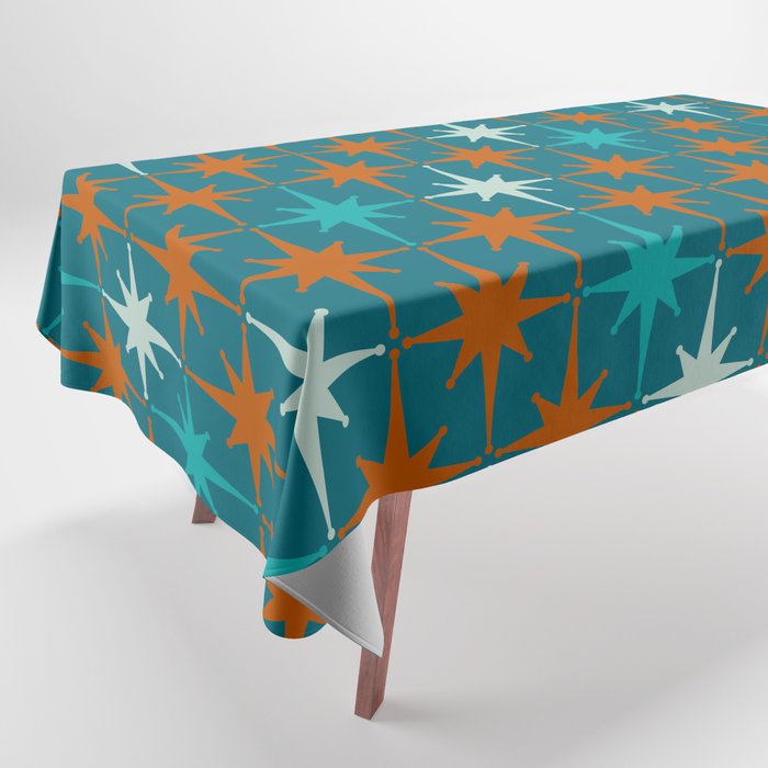 Atomic Age 1950s Starburst Pattern in Mid-Century Modern Turquoise, Rust, Teal Tablecloth