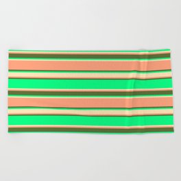 [ Thumbnail: Green, Beige, Light Salmon & Dark Olive Green Colored Stripes Pattern Beach Towel ]