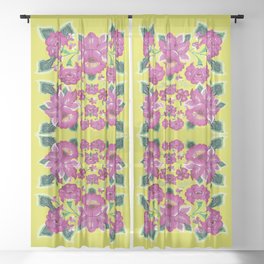 Hot pink tehuana oaxaca flowers and leaves embroidery rosa mexicano interior design mexican tablecloth Sheer Curtain