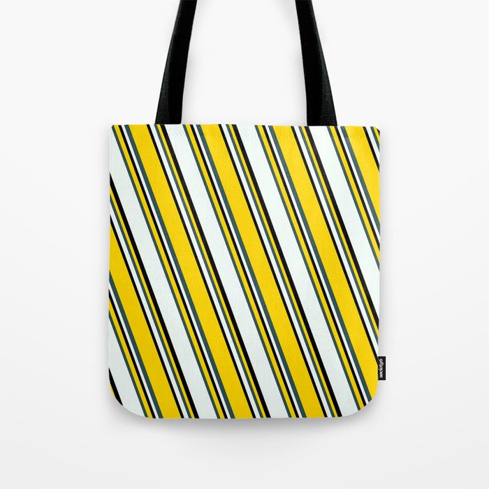Yellow, Dark Slate Gray, Mint Cream & Black Colored Stripes/Lines Pattern Tote Bag