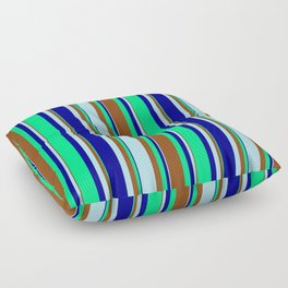 [ Thumbnail: Dark Blue, Green, Brown, and Powder Blue Colored Lines/Stripes Pattern Floor Pillow ]