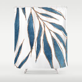Abstract Nature background. Pattern of blue palm leaves with golden lines. Watercolor freehand drawing of leaves, branches. Luxury leaf botanical modern art deco wallpaper. Line arts background design Shower Curtain