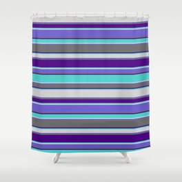[ Thumbnail: Eye-catching Indigo, Turquoise, Light Gray, Slate Blue, and Dim Grey Colored Striped Pattern Shower Curtain ]