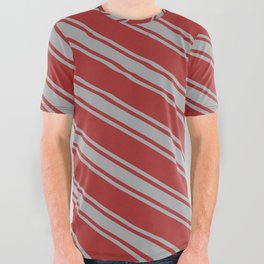 [ Thumbnail: Brown & Dark Gray Colored Lined/Striped Pattern All Over Graphic Tee ]