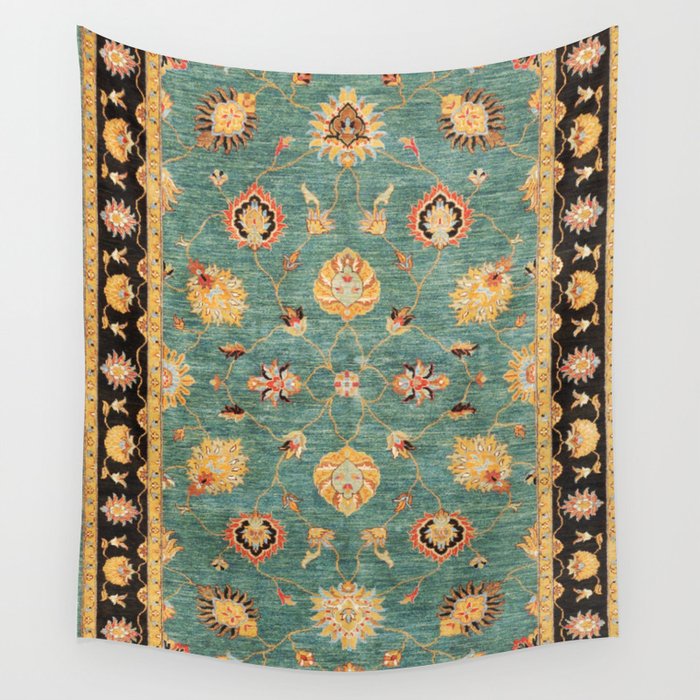 Oushak  Antique Gold Teal Turkish Rug Print Wall Tapestry