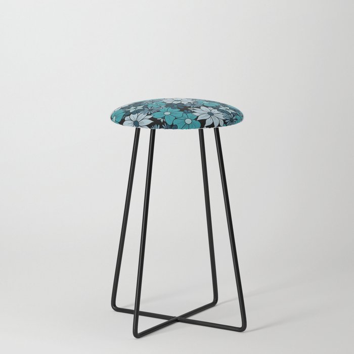 Blue Turquoise Flower Doodle Pattern Counter Stool