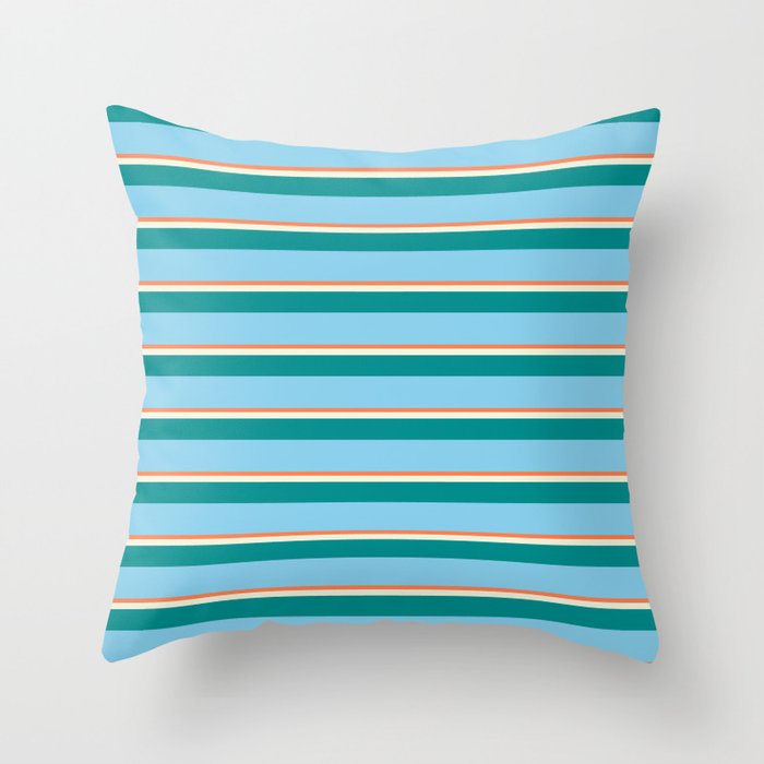 Coral, Beige, Dark Cyan & Sky Blue Colored Stripes Pattern Throw Pillow