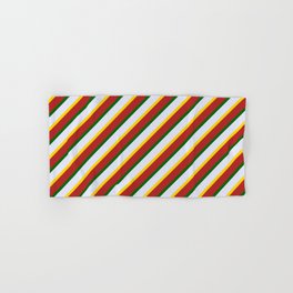 [ Thumbnail: Lavender, Yellow, Red & Dark Green Colored Striped/Lined Pattern Hand & Bath Towel ]