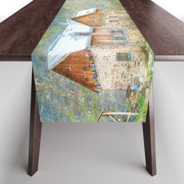 mountain cabin impressionism painted realistic scene Table Runner