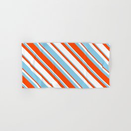 [ Thumbnail: Sky Blue, Red & White Colored Stripes/Lines Pattern Hand & Bath Towel ]