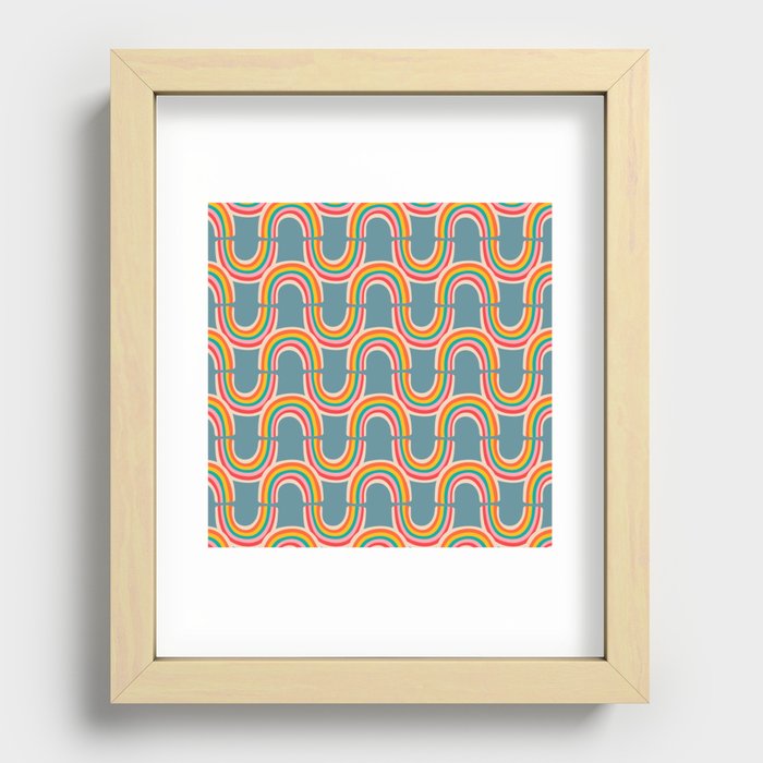 RAINBOW REFLECTION in BRIGHTS ON PASTEL BLUE GRAY Wavy Abstract Rainbow Stripes Recessed Framed Print