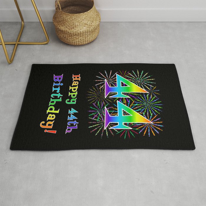 44th Birthday - Fun Rainbow Spectrum Gradient Pattern Text, Bursting Fireworks Inspired Background Rug