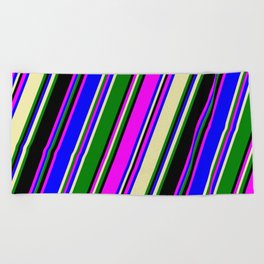[ Thumbnail: Eye-catching Fuchsia, Blue, Pale Goldenrod, Green, and Black Colored Pattern of Stripes Beach Towel ]