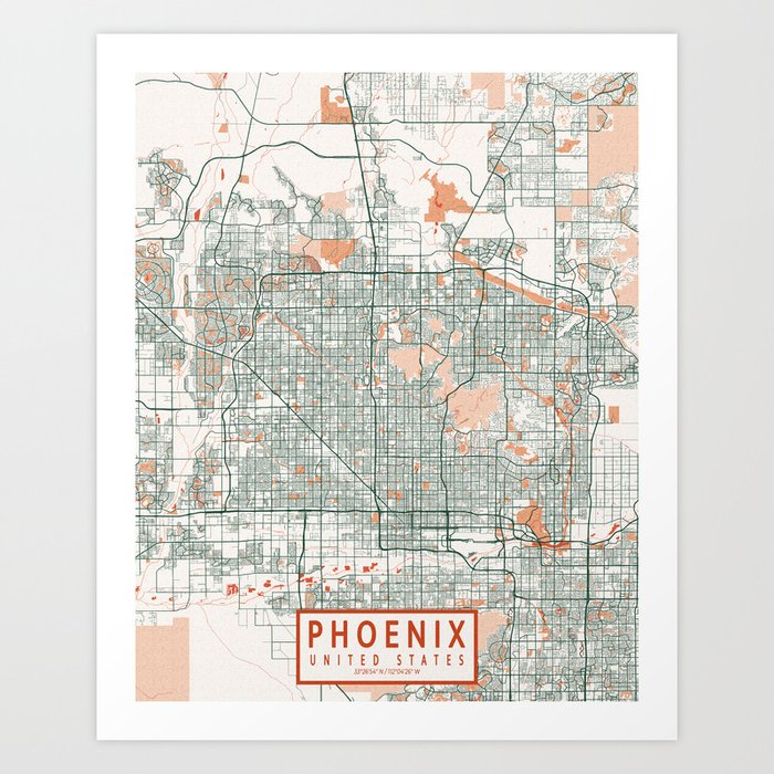 Phoenix City Map of Arizona, USA - Bohemian Art Print