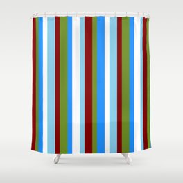 [ Thumbnail: Vibrant Green, Maroon, Sky Blue, White & Blue Colored Stripes Pattern Shower Curtain ]