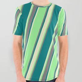 [ Thumbnail: Green, Grey, Teal & Light Yellow Colored Striped Pattern All Over Graphic Tee ]