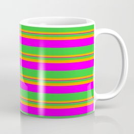 [ Thumbnail: Lime Green, Orange, and Fuchsia Colored Lined Pattern Coffee Mug ]