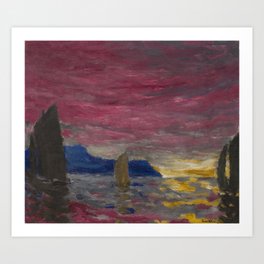 Red Evening Sky and Sailboats nautical landscape painting by Emil Nolde Art Print