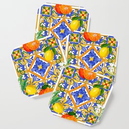 Summer ,Sicilian tiles ,citrus,oranges,majolica,lemons ,Mediterranean  Coaster