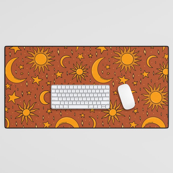 Vintage Sun and Star Print in Rust Desk Mat