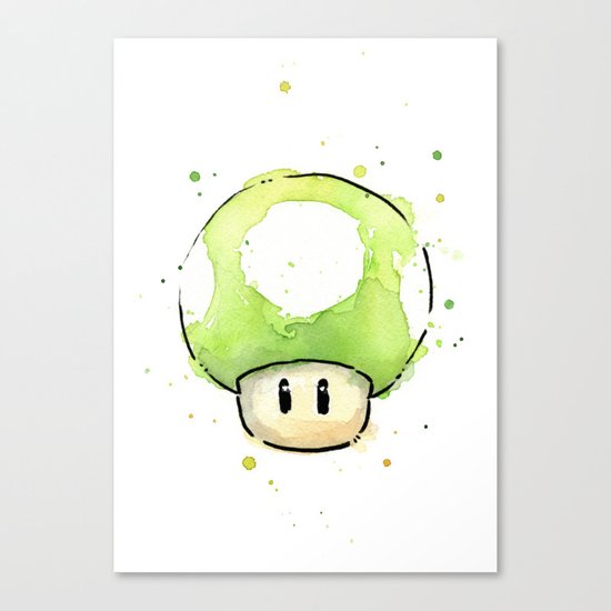 1UP Green Mushroom Painting Mario Gaming Geek Videogame Art Canvas Print
