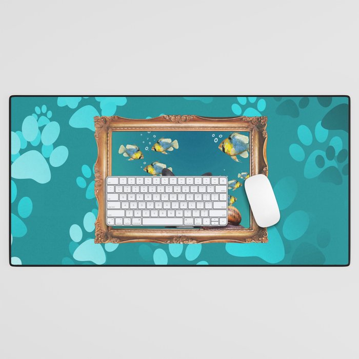 French Bulldog in Frame with fishes and snail - turquoise Desk Mat