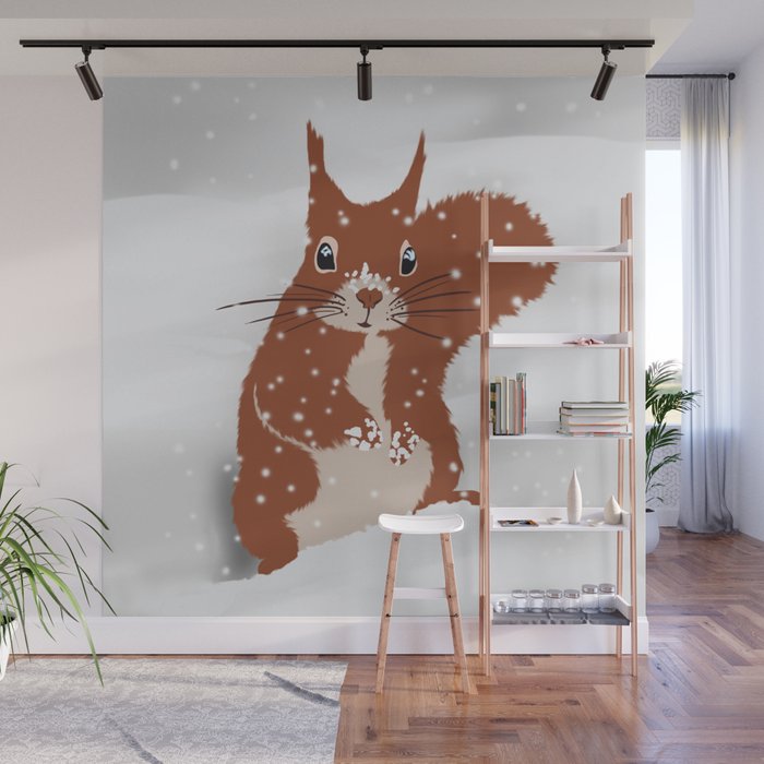 Red Squirrel In The Winter Snow With White Snowflakes Cute Home