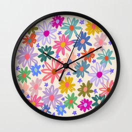 Bright Flowers and Stars Wall Clock | Feminine, Pattern, Summer, Garden, Kids, Colorful, Children, Illustration, Graphic Design, Curated 