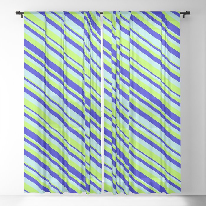 Turquoise, Light Green, and Blue Colored Stripes Pattern Sheer Curtain