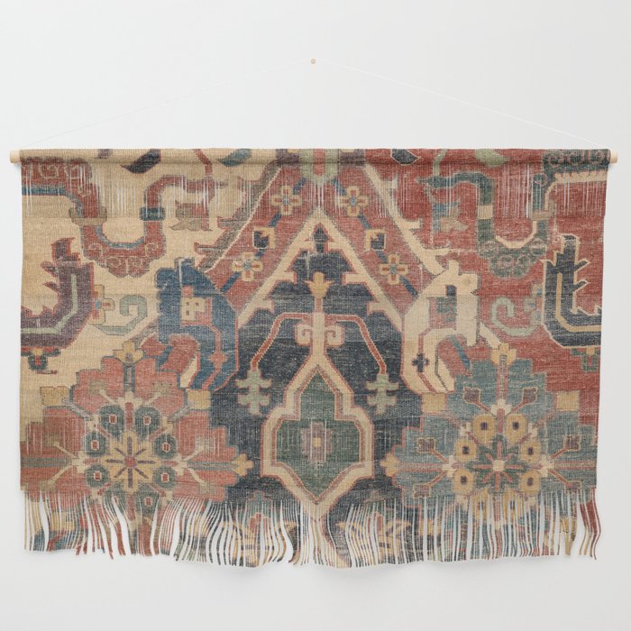 Geometric Leaves I // 18th Century Distressed Red Blue Green Colorful Ornate Accent Rug Pattern Wall Hanging