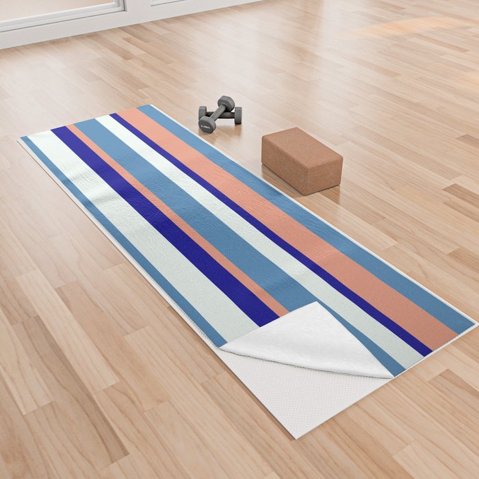 Blue, Dark Salmon, Dark Blue & Mint Cream Colored Stripes Pattern Yoga Towel