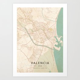 Valencia, Spain - Vintage Map Art Print