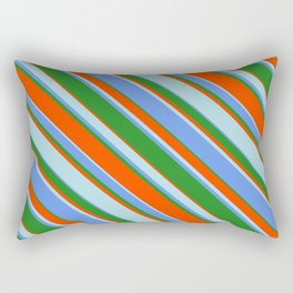 [ Thumbnail: Cornflower Blue, Forest Green, Red, and Powder Blue Colored Lines Pattern Rectangular Pillow ]