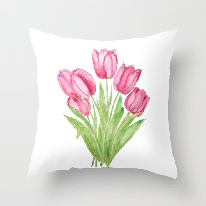 pink tulips watercolor Throw Pillow