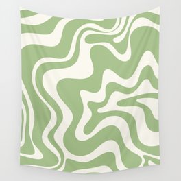 Retro Liquid Swirl Abstract Pattern in Light Sage Green and Cream Wall Tapestry