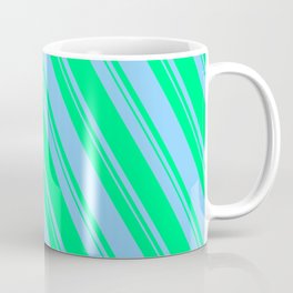 [ Thumbnail: Light Sky Blue and Green Colored Pattern of Stripes Coffee Mug ]