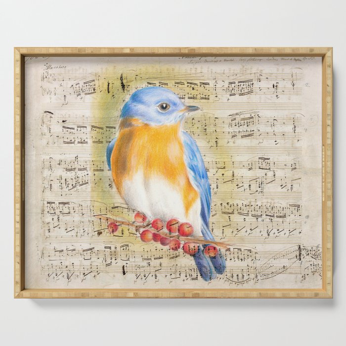 Blue Bird Music Collage Shabby Chic Serving Tray