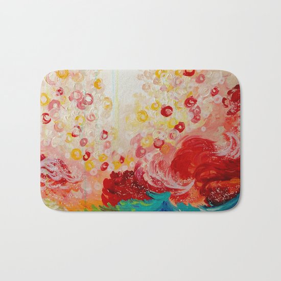 SUMMER DAYS Feminine Pretty Pink Red Peach Abstract Acrylic Painting Whismical Nature Color Splash Bath Mat