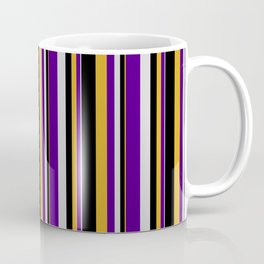 [ Thumbnail: Goldenrod, Black, Light Grey & Indigo Colored Lined/Striped Pattern Coffee Mug ]