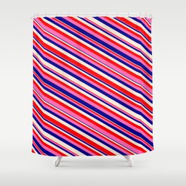 [ Thumbnail: Beige, Red, Hot Pink, and Dark Blue Colored Stripes/Lines Pattern Shower Curtain ]