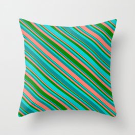 [ Thumbnail: Salmon, Green, Dark Turquoise, and Dark Cyan Colored Lines Pattern Throw Pillow ]