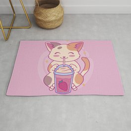 Neko Cat Strawberry Tea Milkshake | Japanese Anime Kawaii Rug | Tea, Graphicdesign, Animecatgirl, Cat, Neko, Strawberry, Anime, Kawaiikitty, Milkshake, Japanese 