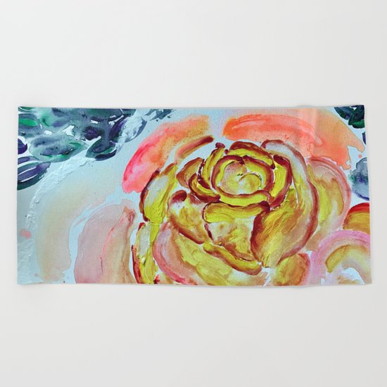 Yellow Greenery Rose Floral Beach Towel