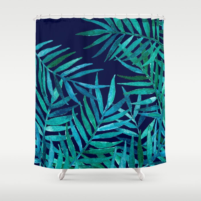 Watercolor Palm Leaves on Navy Shower Curtain