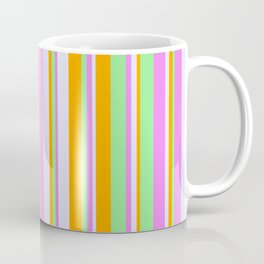 [ Thumbnail: Light Green, Orange, Lavender, and Violet Colored Striped/Lined Pattern Coffee Mug ]