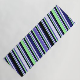 [ Thumbnail: Slate Blue, Lavender, Midnight Blue, Black & Green Colored Lines/Stripes Pattern Yoga Mat ]